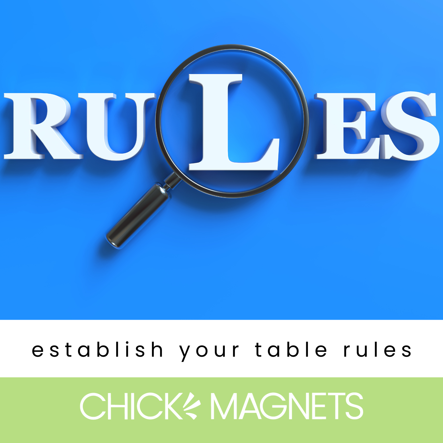 Magnifying glass on the word 'rules' emphasizing importance of clear table rules in Canasta
