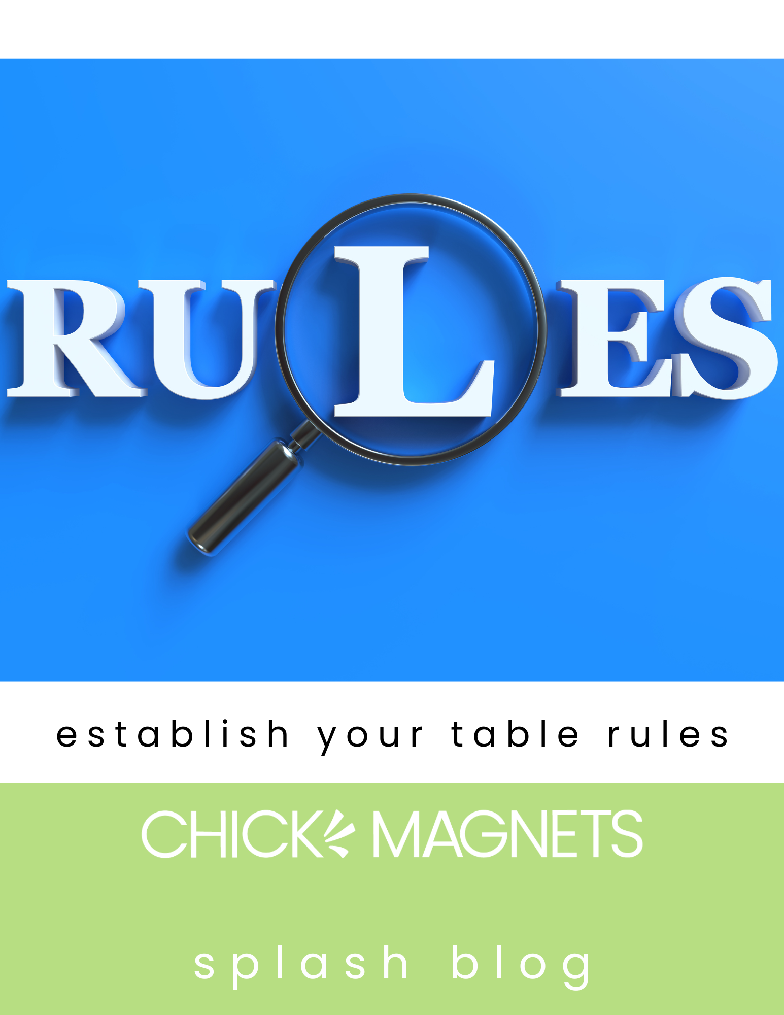 Magnifying glass on the word 'rules' emphasizing importance of clear table rules in Canasta